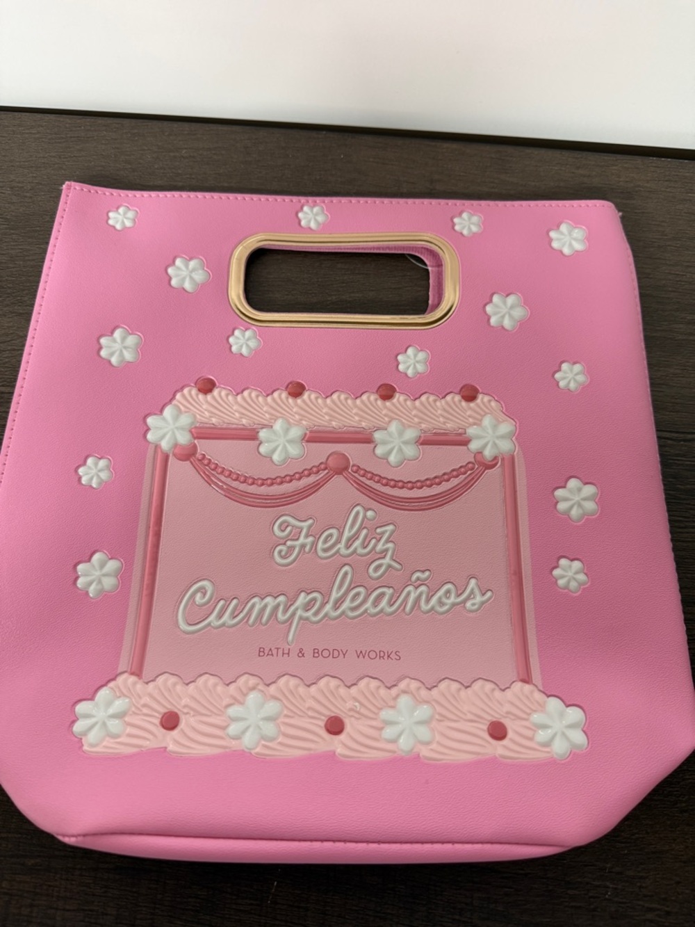 Bath & Body Works Pink Feliz Cumpleaños Cake Bag with Gold Trim